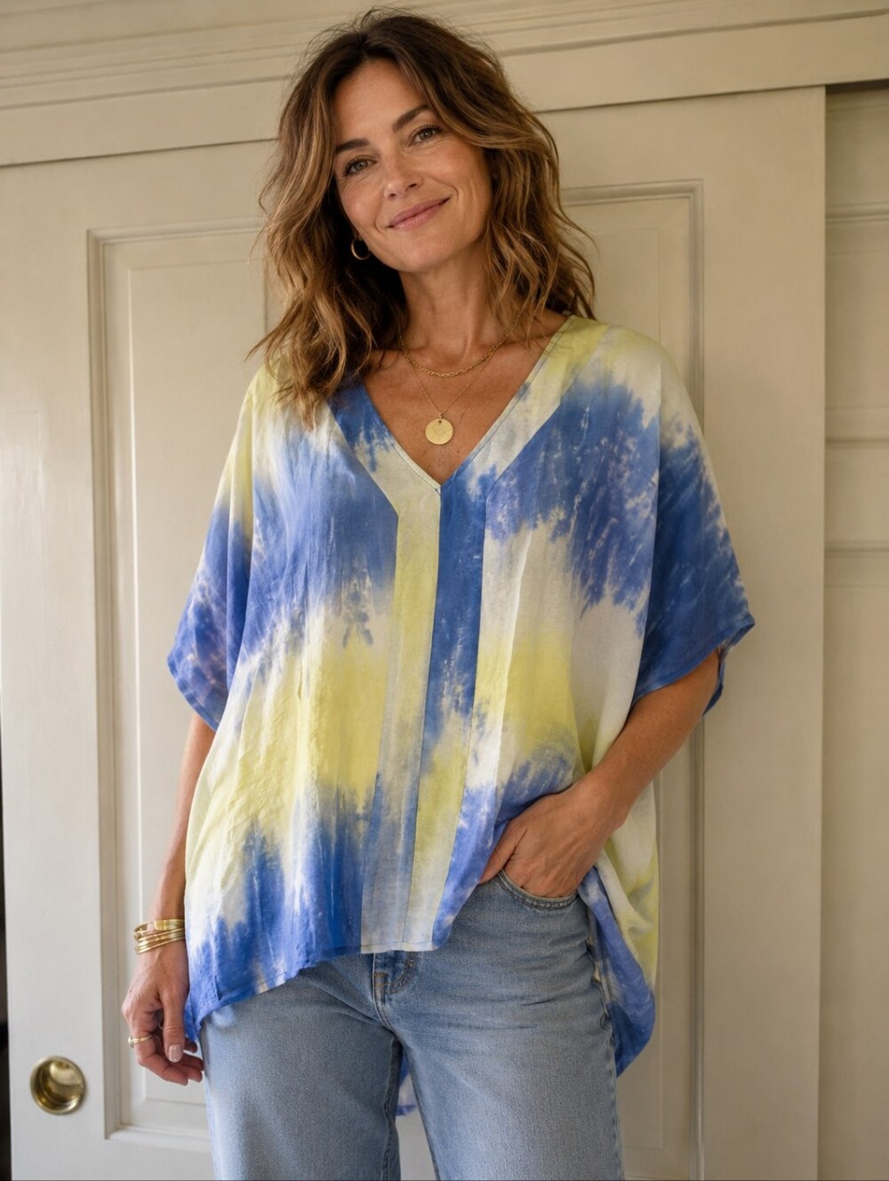 Oddi Tie-Dye Short Sleeve Women's Top Cover-up in Blue and Yellow oversized